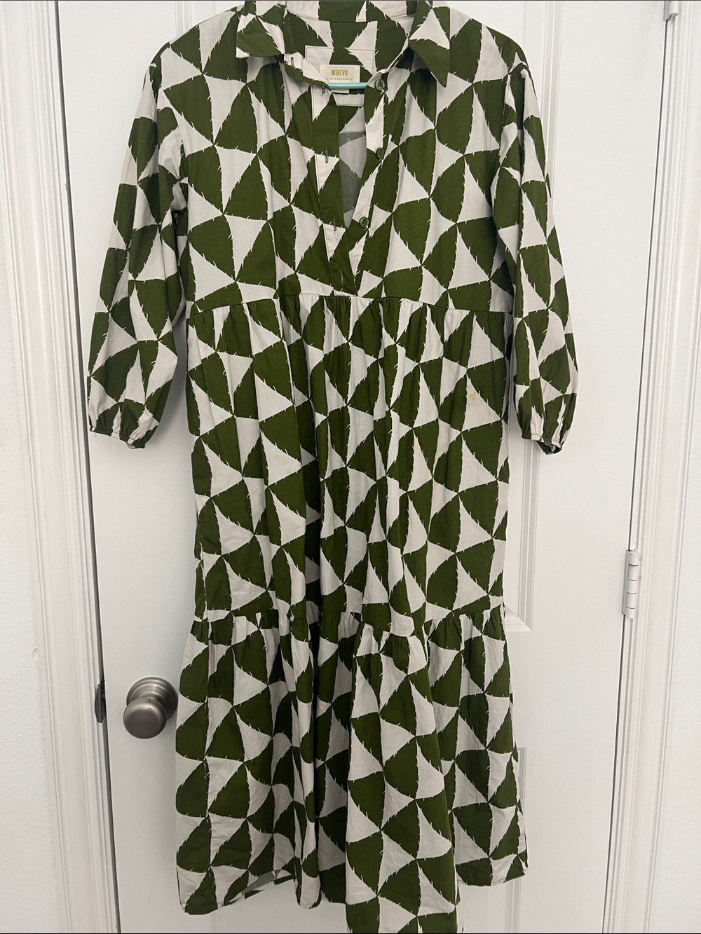 Anthropologie Olive Green & White Geometric Tiered Shirt Dress